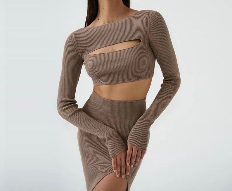 Shaneva - Long Sleeve Cut Out Crop Set