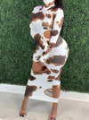 Cow Print Long Sleeve Cut Out Dress
