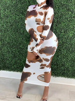 Cow Print Long Sleeve Cut Out Dress