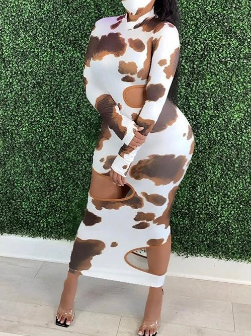 Cow Print Long Sleeve Cut Out Dress