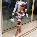Cow Print Long Sleeve Cut Out Dress
