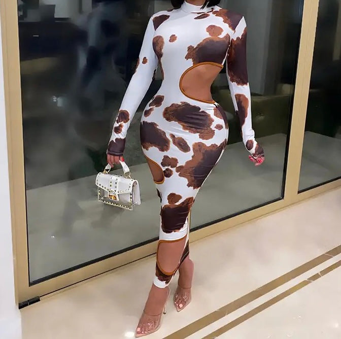 Cow Print Long Sleeve Cut Out Dress